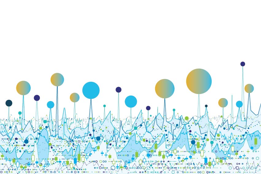 An abstract graph shows bubbles and line graphs to represent market research data
